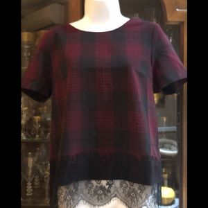 Short sleeve burgundy and black plaid/lace top